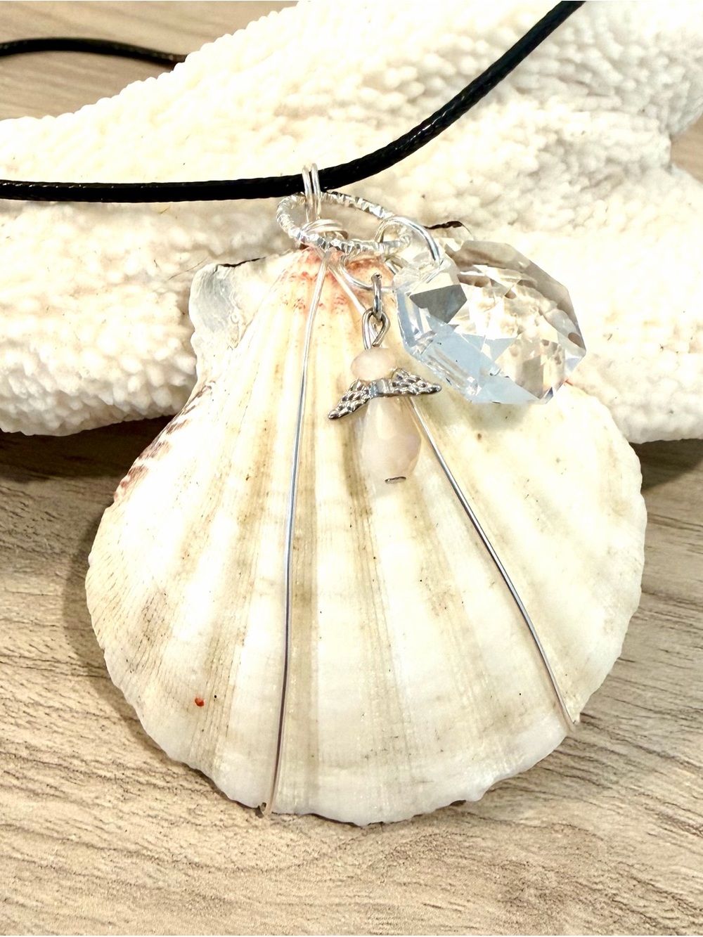 138. White Shell Pendant Necklace with Clear Crystal and angel Charms